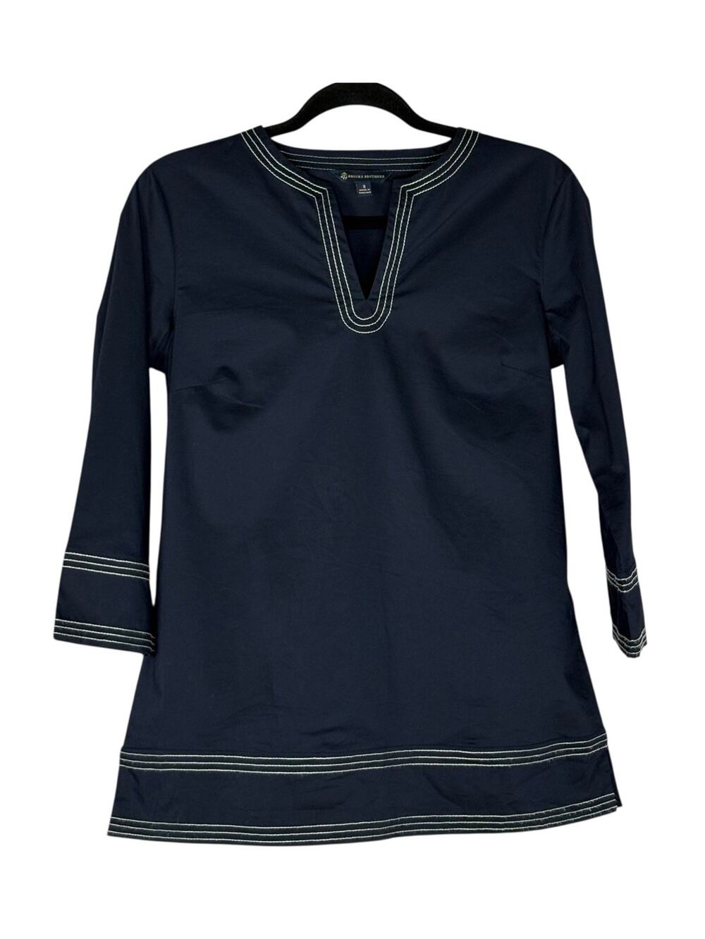 Brooks Brothers Tunic Top V Neck 3/4 Sleeve Nautical Navy Blue Sz S
